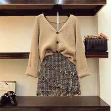 Load image into Gallery viewer, 2019 Autumn Winter Womans V-necked Cardigan Knitted Coat + High-waisted Tweed Skirt Two Piece Girl Ladies Skirts Set Outfits